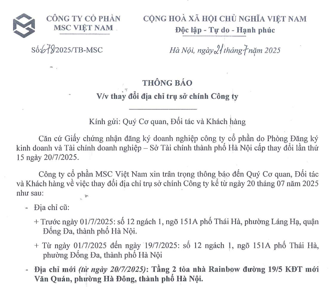 Thông báo thay đổi địa chỉ trụ sở chính Công ty